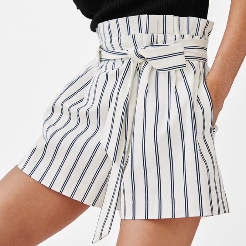 Zara White & Navy Striped Shorts with High Elastic Waist & Tie